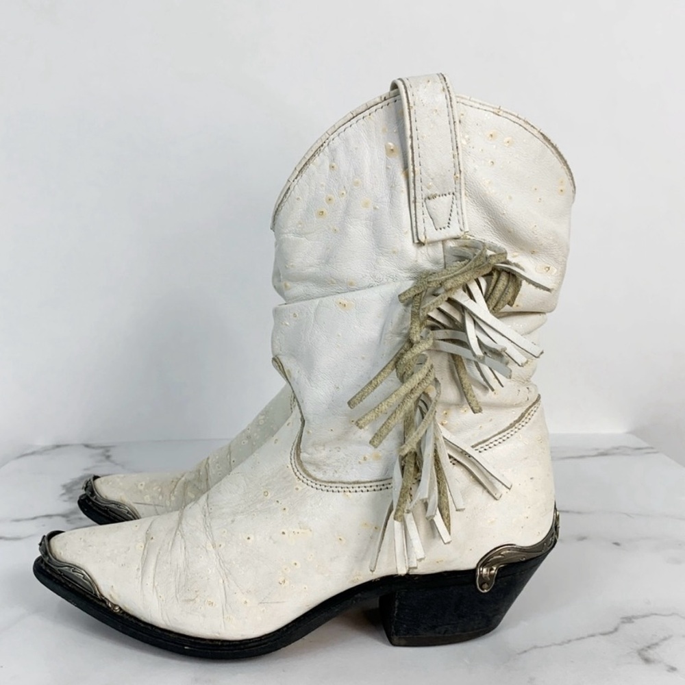 Vintage Slouchy Fringe Leather Speckled Cowboy Metalwork Cowgirl Western Boots 7